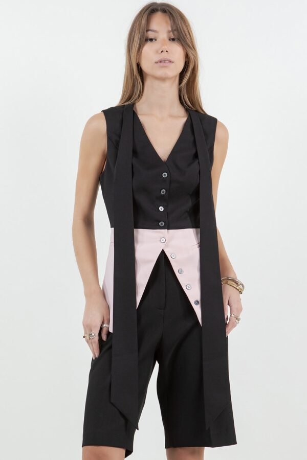 The Tied Elegance Top W Removable Tie/BLACK/PINK